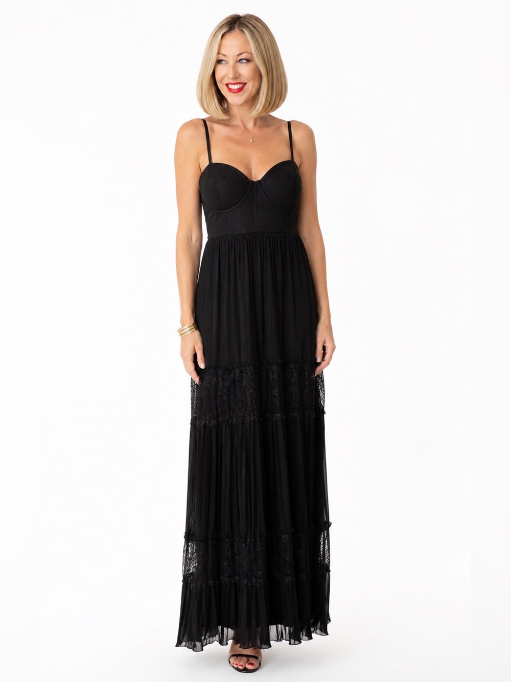 Black Lace Tiered Maxi Dress Lulus M Corset Bodice
